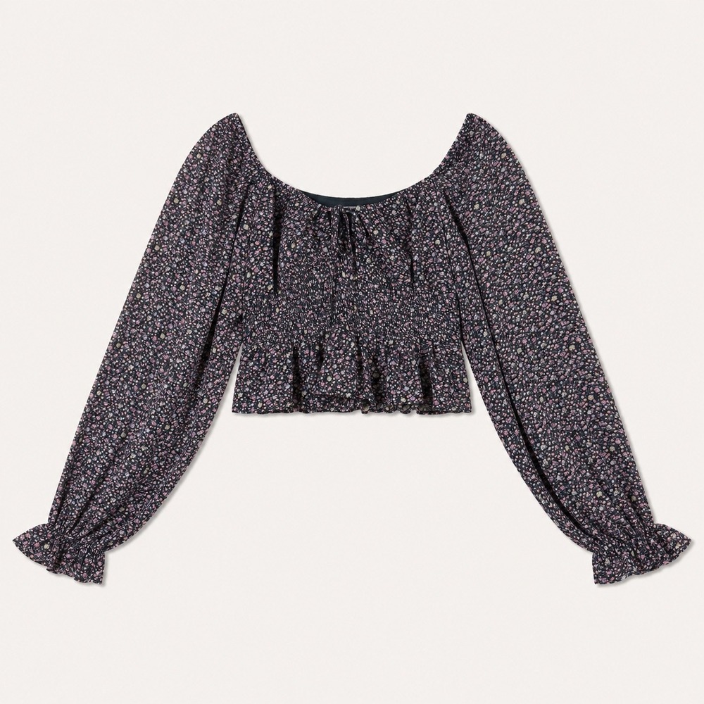 She+Sky Smocked Crop Top Women Floral M Long Sleeve Ruffle Cottagecore Coquette